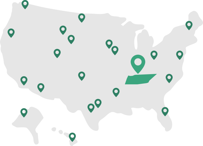 usa map with location pins and one highlighted state